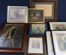 3 framed hand -coloured French fashion prints, small framed oil on board depicting galleons with