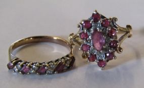 Two 9ct ruby and diamond rings, including one half band, size N and one cluster ring, size L total