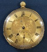 18k gold Continental open face pocket watch with seconds dial and engine turned central panel marked