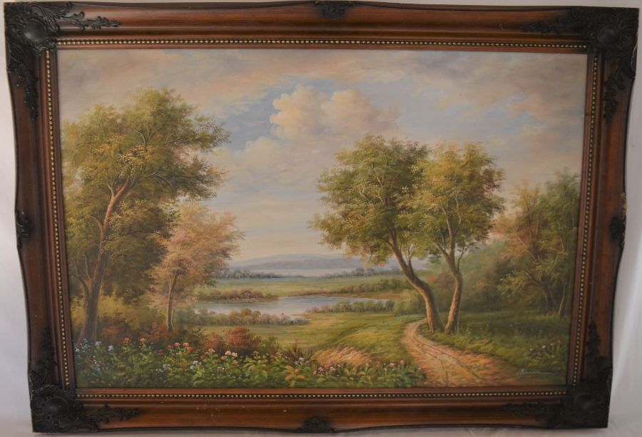 Large oil on board landscape with lakes & mountains in the background, possibly signed Bealken. - Image 2 of 3