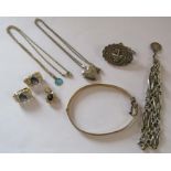 Collection of jewellery includes silver bracelet with 1828 2 coin, brooch and necklaces, Riley