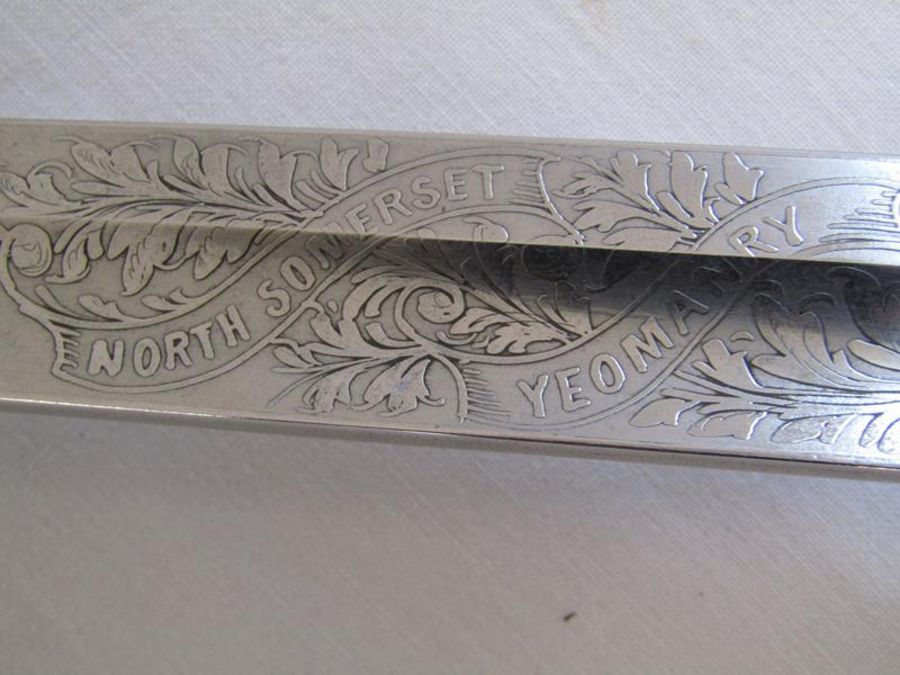 Turner Bros Bath North Somerset Yeomanry officers sword with patterned blade, sharkskin grip, proved - Image 16 of 17