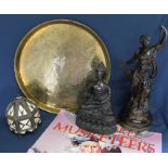Spelter figure of Le Jour (painted), cast Buddha statue, brass tray, Indian lidded box decorated