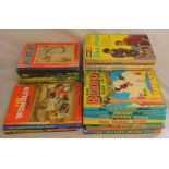 Collection of vintage children's annuals including Blue Peter, Magpie, Beano, Rupert & The Wombles