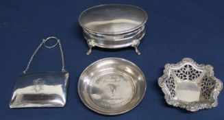 Silver purse on chain Birmingham 1915, small silver dish "The Daily Telegraph & Morning Post
