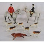 Beswick hunting scene includes huntsman on dapple horse, huntswoman on dapple horse, 6 hounds and