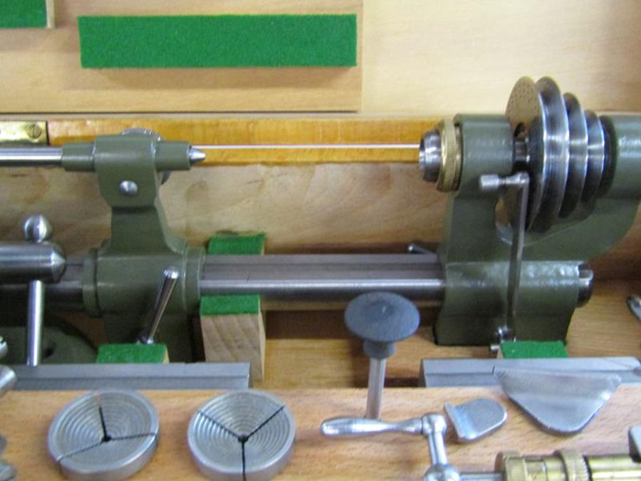 BTM Watchmakers lathe in war green finish with collets and chucks, 35cm x 23.5cm x 13.5cm, total - Image 4 of 6