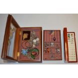 Wooden jewellery box with glass lid and ring holder jewellery box, with contents including silver