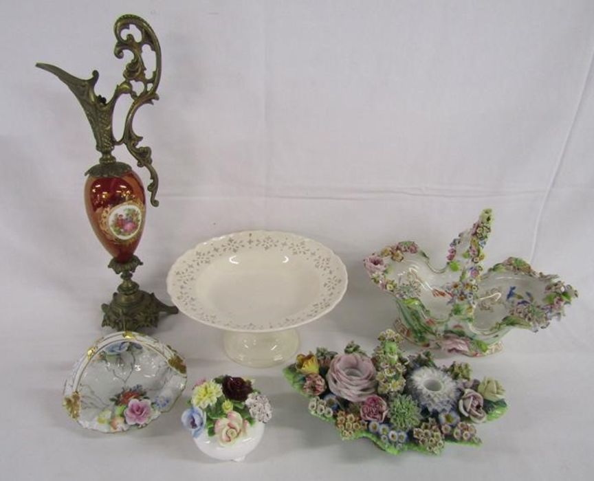 Limoges brass mounted ewer, Plaue Schierholz basket (damage/repaired), Royal Creamware cake plate,