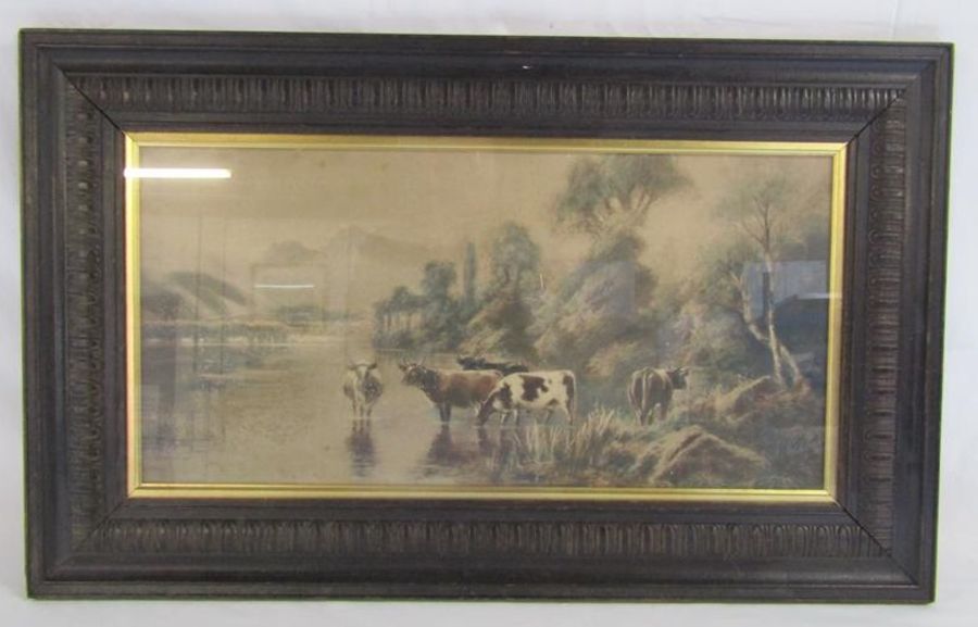 Unsigned over painted print depicting shorthorn cows drinking from a river in an oak frame approx. - Image 2 of 5