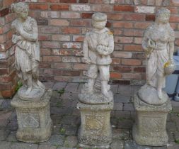 3 concrete garden statues on plinths Ht approx 120cm