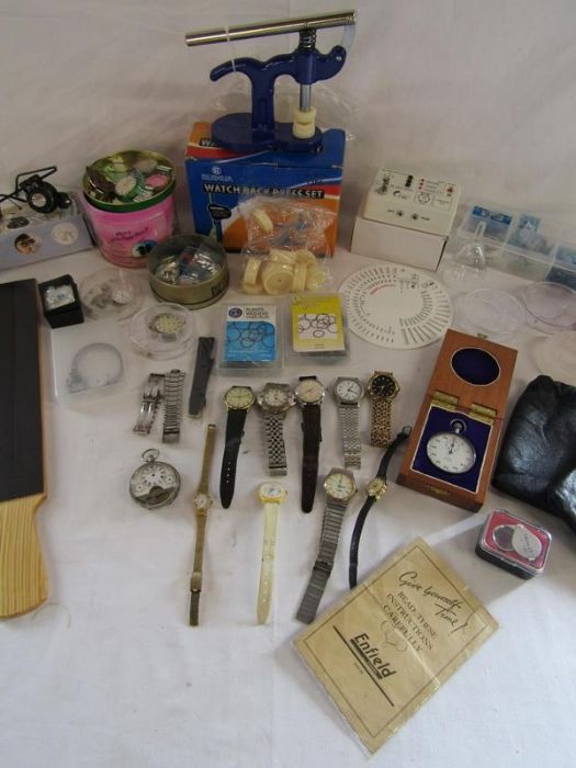 Collection of watches, parts, tools, includes watch back press set, eye glasses with light, - Image 3 of 10