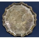 Large silver tray on four hoof feet, with central inscription and engraved signatures, Mappin & Webb