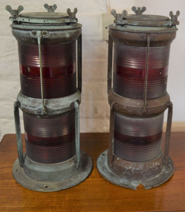 Pair of vintage jetty 'NOT UNDER COMMAND' lamps made by Seahorse  - both copper with red coloured