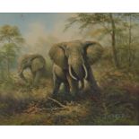 Framed oil on board depicting elephants by J Carley. Frame size 75cm by 65cm