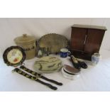 Stoneware bread crock, wooden cabinet, silverplate tray, pewter sifter and jug, ceramic ballerina