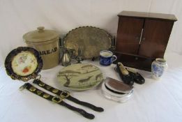 Stoneware bread crock, wooden cabinet, silverplate tray, pewter sifter and jug, ceramic ballerina