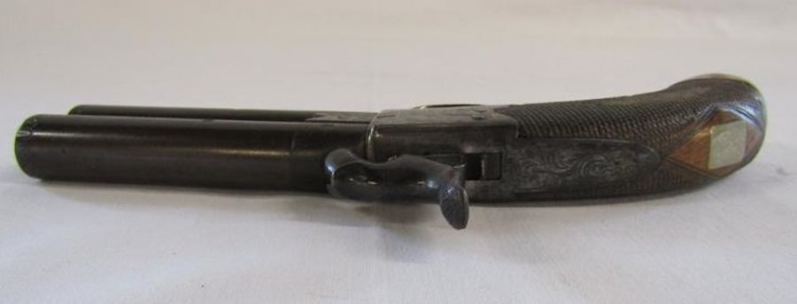 19th century percusion cap under over pistol - marks to barrel and grip with wood and brass handle - Image 7 of 13