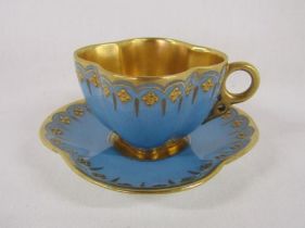 Coalport t201 miniature cabinet teacup and saucer (marked A.D. 1750) - blue with gold decoration and