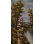 Small oil on board woodland scene by K Roberts.  Frame 70cm by 39cm