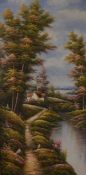 Small oil on board woodland scene by K Roberts.  Frame 70cm by 39cm