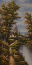 Small oil on board woodland scene by K Roberts.  Frame 70cm by 39cm