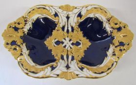 Meissen porcelain biscuit dish cobalt blue with gold and white design marked to base 334g/14 and