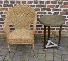 Wicker chair & an Oriental brass top table