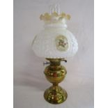 Brass oil lamp with chimney & opaque glass and flower design shade