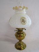 Brass oil lamp with chimney & opaque glass and flower design shade