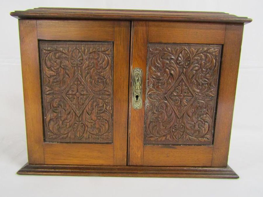 Wooden smokers cabinet with carved doors, lift up lid and inner drawers - approx. 37.5cm x 28cm x - Image 2 of 7