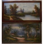 2 large oil on board paintings of wooded landscapes with cottages, one signed K Roberts the other