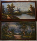 2 large oil on board paintings of wooded landscapes with cottages, one signed K Roberts the other