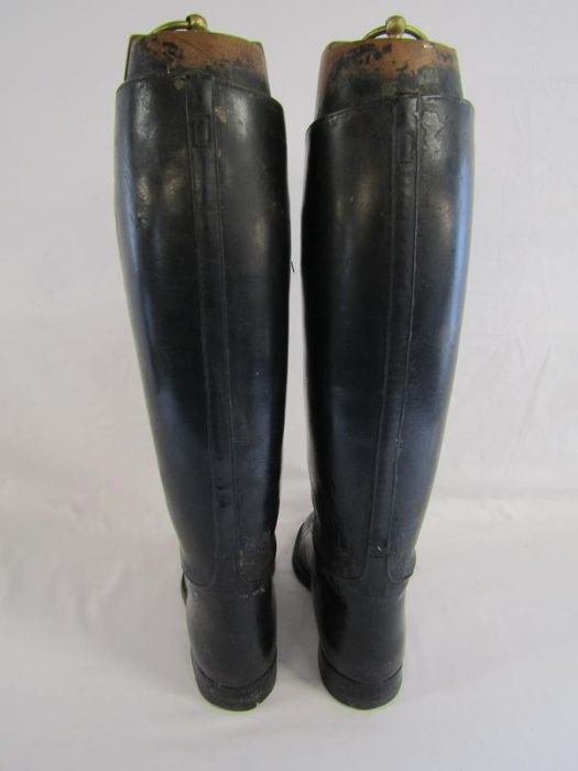 Long leather riding boots and wooden boot trees with brass pulls - boots marked 18795 G.T.H 1969 - Image 3 of 13