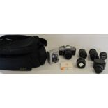 Petri TTL film camera, 5 camera lenses including Makinon MC zoom 80-200mm, Hanimex X214 flash,