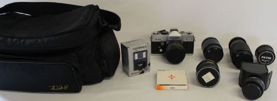 Petri TTL film camera, 5 camera lenses including Makinon MC zoom 80-200mm, Hanimex X214 flash,