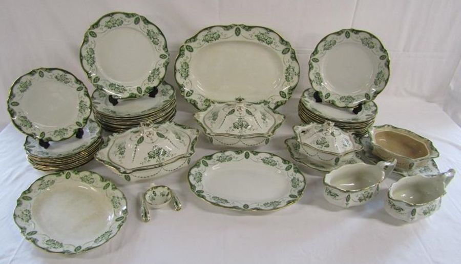 Albion Pottery 'Loraine' part dinner service in green, includes tureens, meat plates gravy boat etc