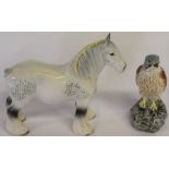 Grey Beswick shire horse with yellow plaited mane and a Beswick Beneagles Scotch Whisky kestrel (