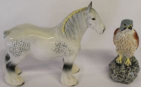 Grey Beswick shire horse with yellow plaited mane and a Beswick Beneagles Scotch Whisky kestrel (
