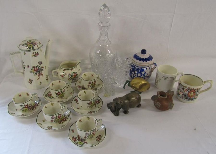 Royal Doulton 'Old Leeds Sprays' coffee set, decanter and vase, soapstone hippo etc