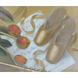 R Peterson oil on canvas with gilded frame depicting ballerina pointe shoes, flute, music and