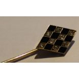 Tested as 18ct gold stick pin set with diamonds & black enamel in a checker board pattern 3.7g