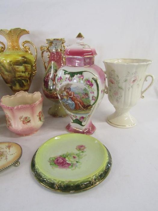 Handled vases includes Royal Essex and one with artwork signed A. Hermann, lidded pots, planters - Image 4 of 6