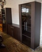 2 modern display cabinets & a sideboard