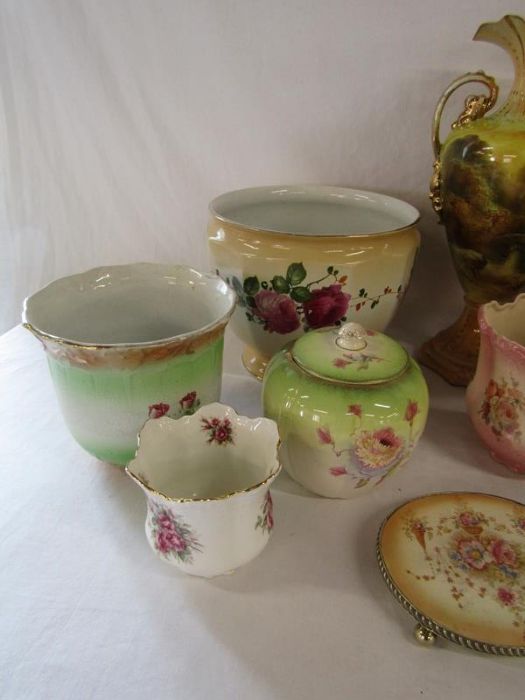 Handled vases includes Royal Essex and one with artwork signed A. Hermann, lidded pots, planters - Image 2 of 6