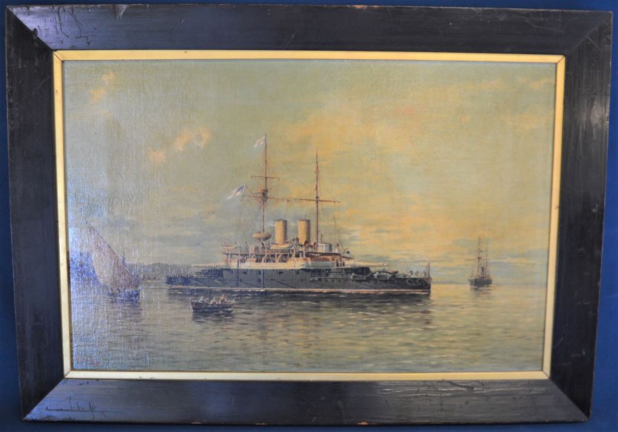 Late 19th century oil on canvas of a Royal Navy Admiral class battle ship possibly HMS Howe signed A - Image 2 of 3