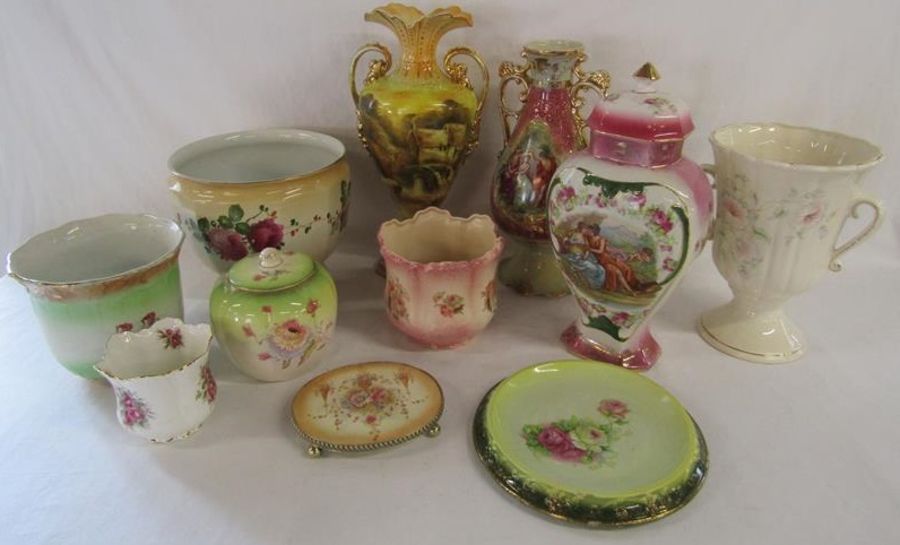 Handled vases includes Royal Essex and one with artwork signed A. Hermann, lidded pots, planters