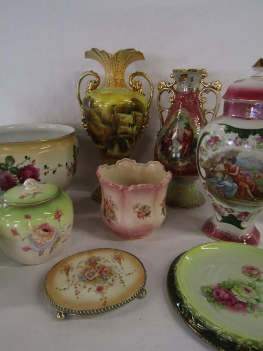 Handled vases includes Royal Essex and one with artwork signed A. Hermann, lidded pots, planters - Image 3 of 6