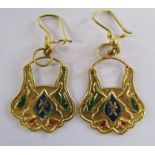 Egyptian gold earrings with enamel decoration marked and tested as 18ct gold - total weight 6.2g