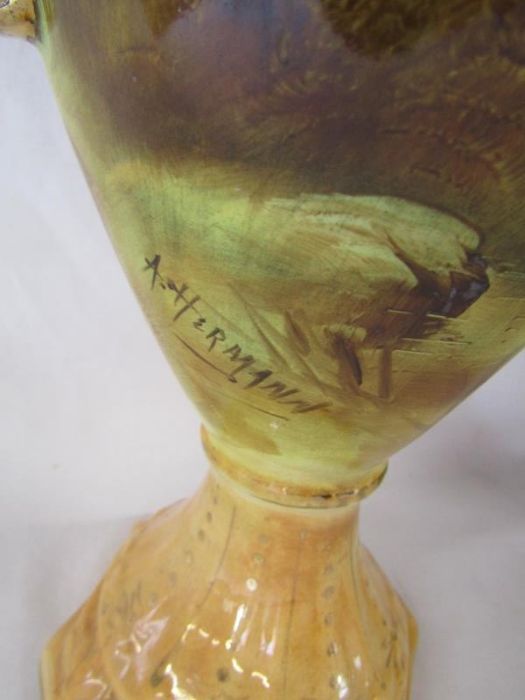 Handled vases includes Royal Essex and one with artwork signed A. Hermann, lidded pots, planters - Image 6 of 6